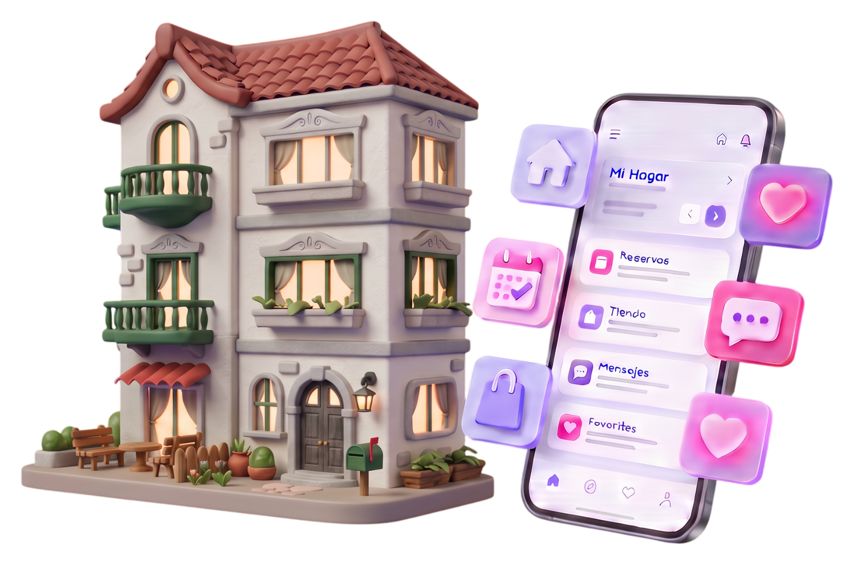 Edificio ilustrado junto a un celular con la app Flatti abierta